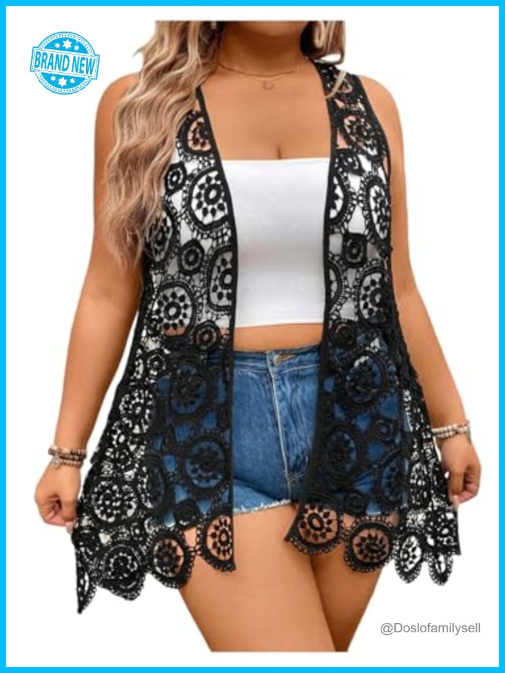 Plus Size Crochet Sleeveless Scallop Vest Lightweight Cardigan